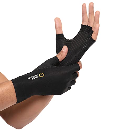 31kHZv16ERL.jpg Copper Compression Arthritis Gloves - Orthopedic Brace - Copper Infused Fingerless Glove for Arthritis Pain, RSI, Rheumatoid, Tendonitis, Hand Pain, Computer Typing. Fits Women & Men - 1 Pair (Medium) - Image 1