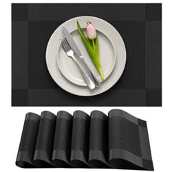 More Décor Dining Table Placemats, Washable Heat-Resistant PVC Vinyl Table Mats for Dining Room and Kitchen, Anti-Slip - Set of 6 -Black