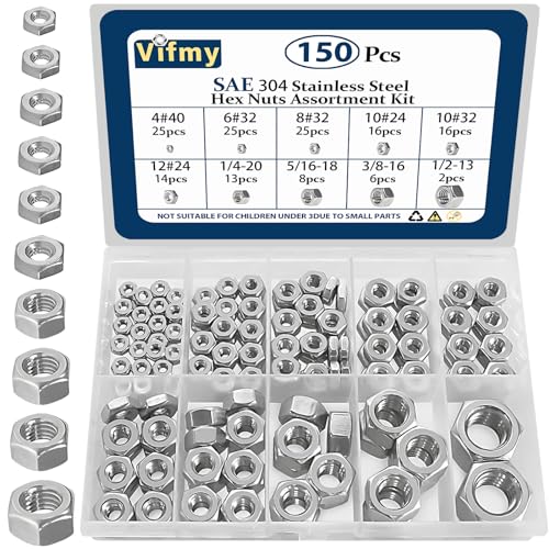 Version 1.0.0 Vifmy 150pcs SAE Hex Nuts Assortment Kit,4#40 6#32 8#32 10#24 10#32 12#24 1/4-20 5/16-18 3/8-16 1/2-13 Hardware Nuts Sets,304 Stainless Steel - Image 1