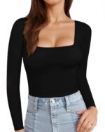 MANGOPOP Womens Long Sleeve Square Neck T Shirts Tops Tees