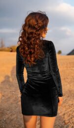 GOBLES Womens Sexy Velvet Long Sleeve Bodycon Elegant Mini Party Dress Black - Image 3