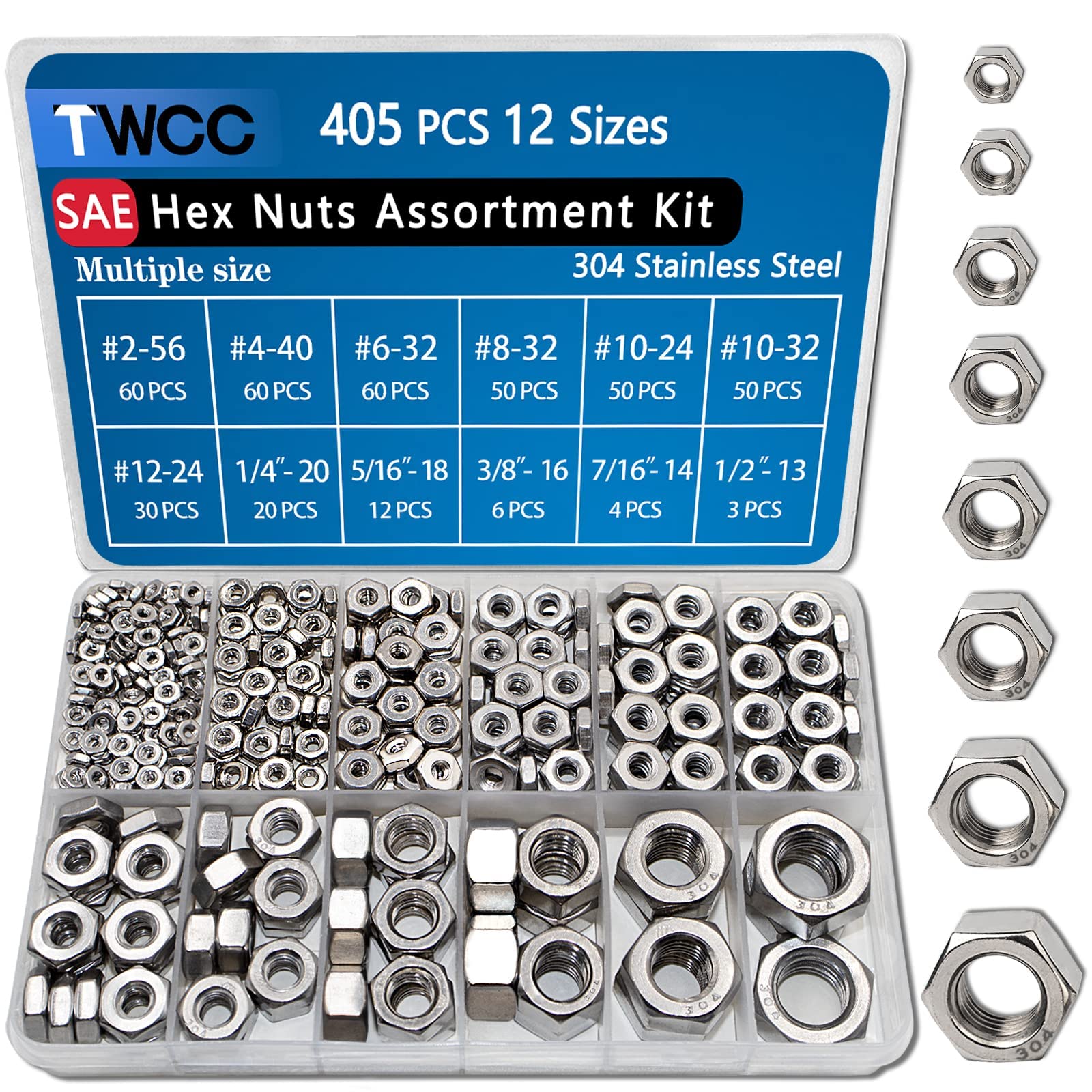 81dTpXaSsIL.jpg TWCC 405 Pcs SAE Hex Nuts Assortment Kit #2-56#4-40#6-32#8-32#10-24#10-32#12-24 1/4"-20 5/16"-18 3/8"-16 7/16"-14 1/2"-13 Stainless Hex Nuts Set - Image 1
